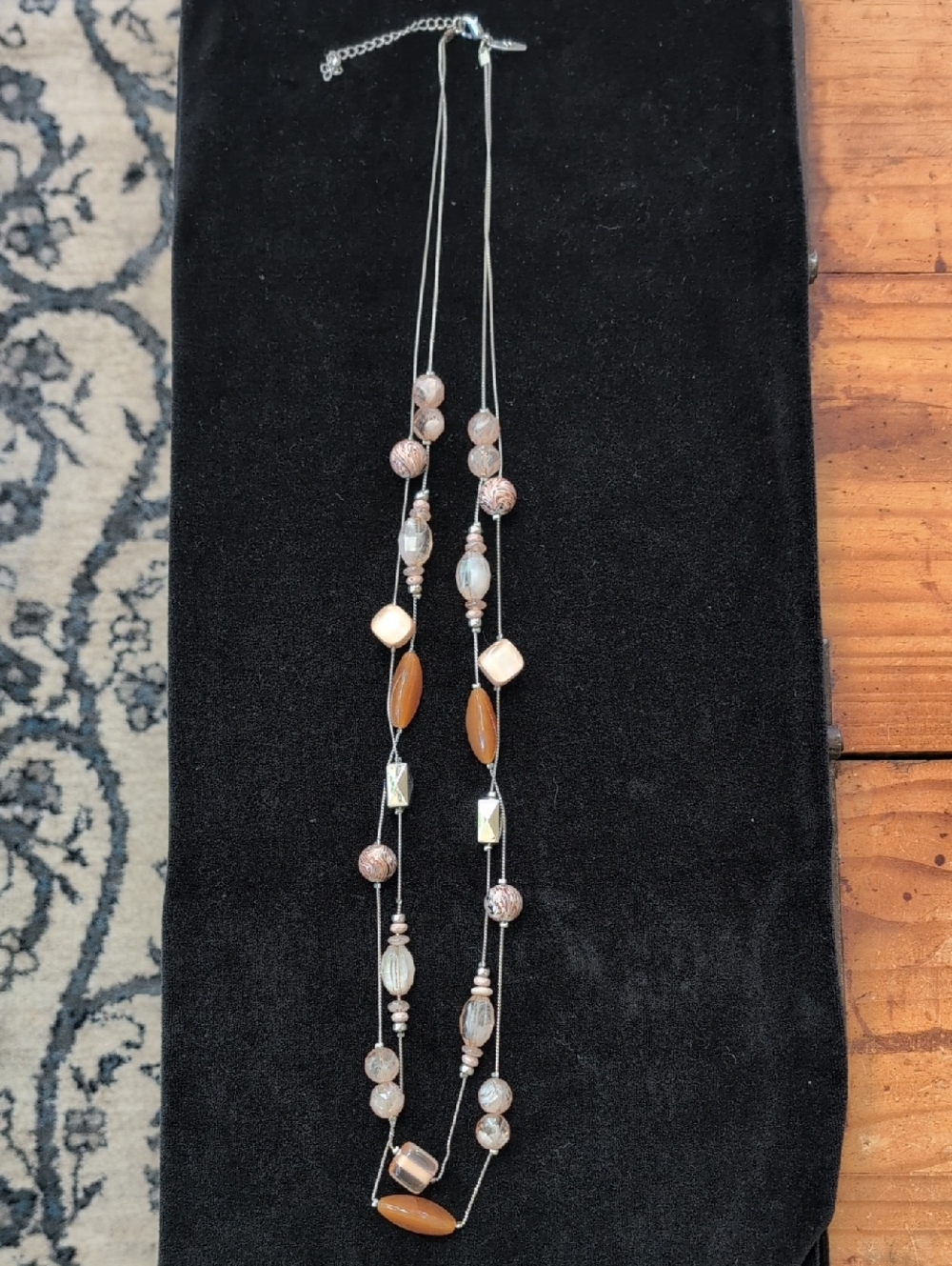 New York & Company Multi-Bead Silver Tone Necklace in Brown and Cream
